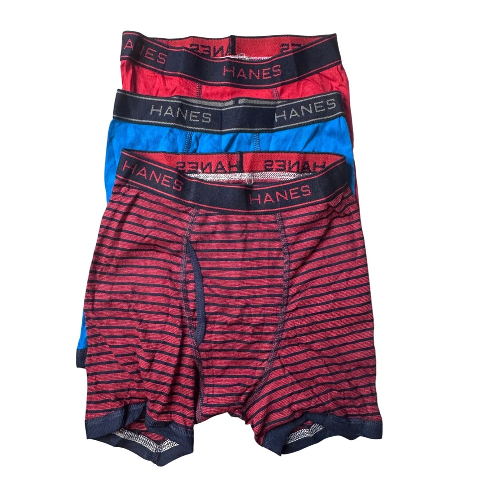 Hanes Boxer Briefs Boys M Red Blue Striped Solid 3-Pack Comfort Flex Tagless